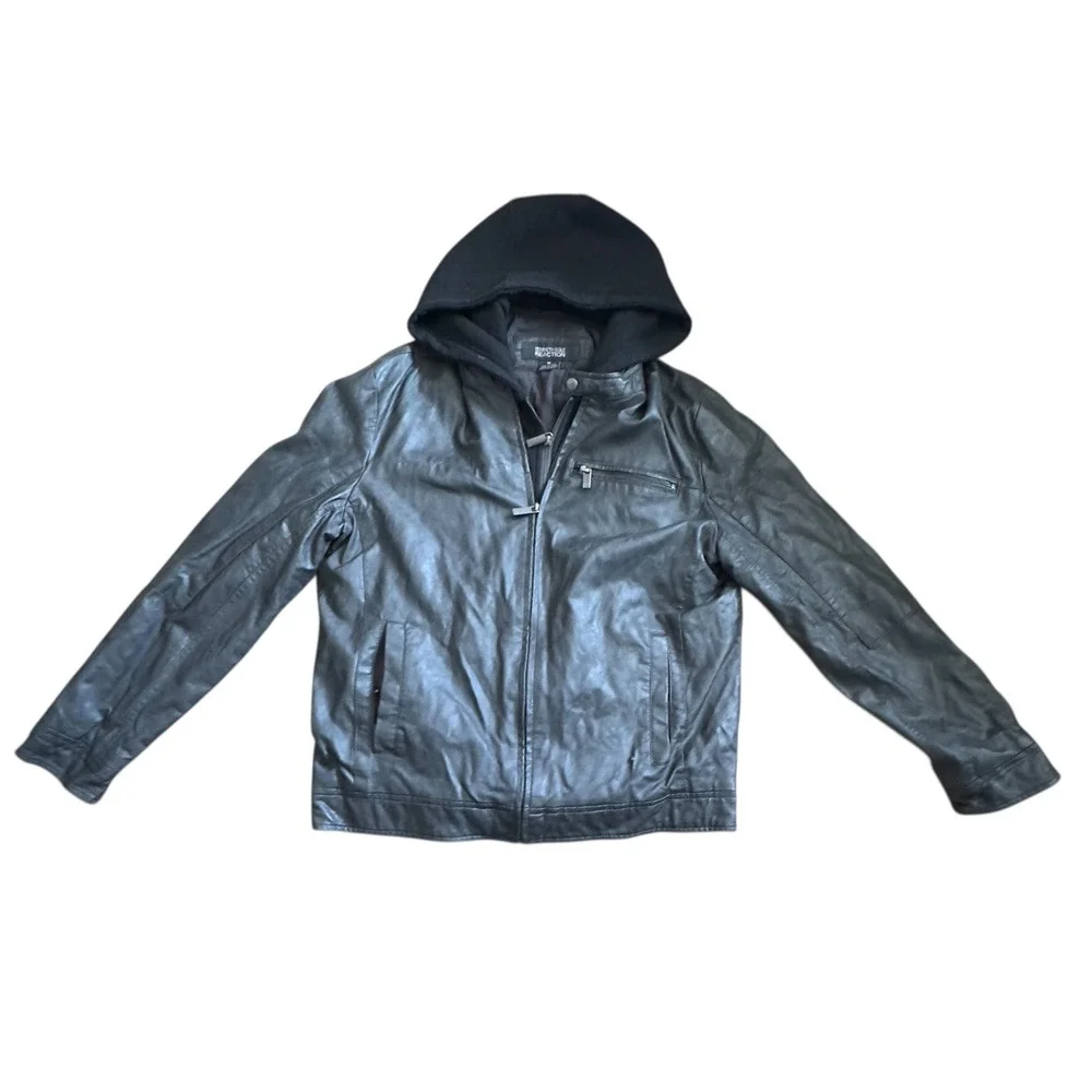 Kenneth Cole Reaction Mens Faux Leather Hooded Moto Jacket Gray Size M‎